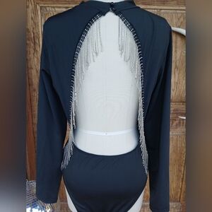 SHEIN Bodysuit Womens Top Chain Fringe Lace Detail  Mock Neck Large Costume